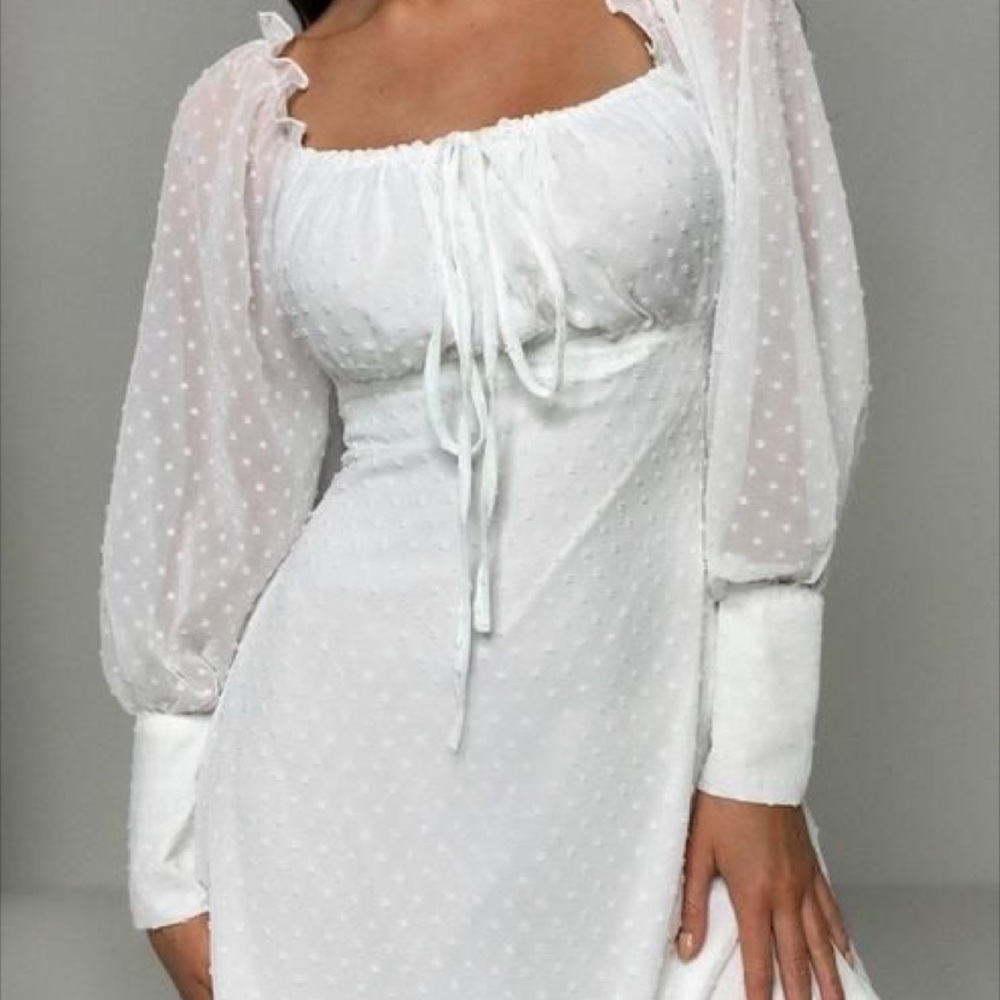 White Dobby Square Neck Long Sleeve Dress